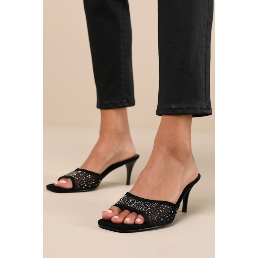 Lulus Delannie Black Suede Mesh Rhinestone High Heel Slide Sandals - Size 7.5